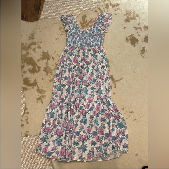 LoveShackFancy Chessie Smocked Floral-print Midi Dress - Blue Size Medium - Picture 6 of 6